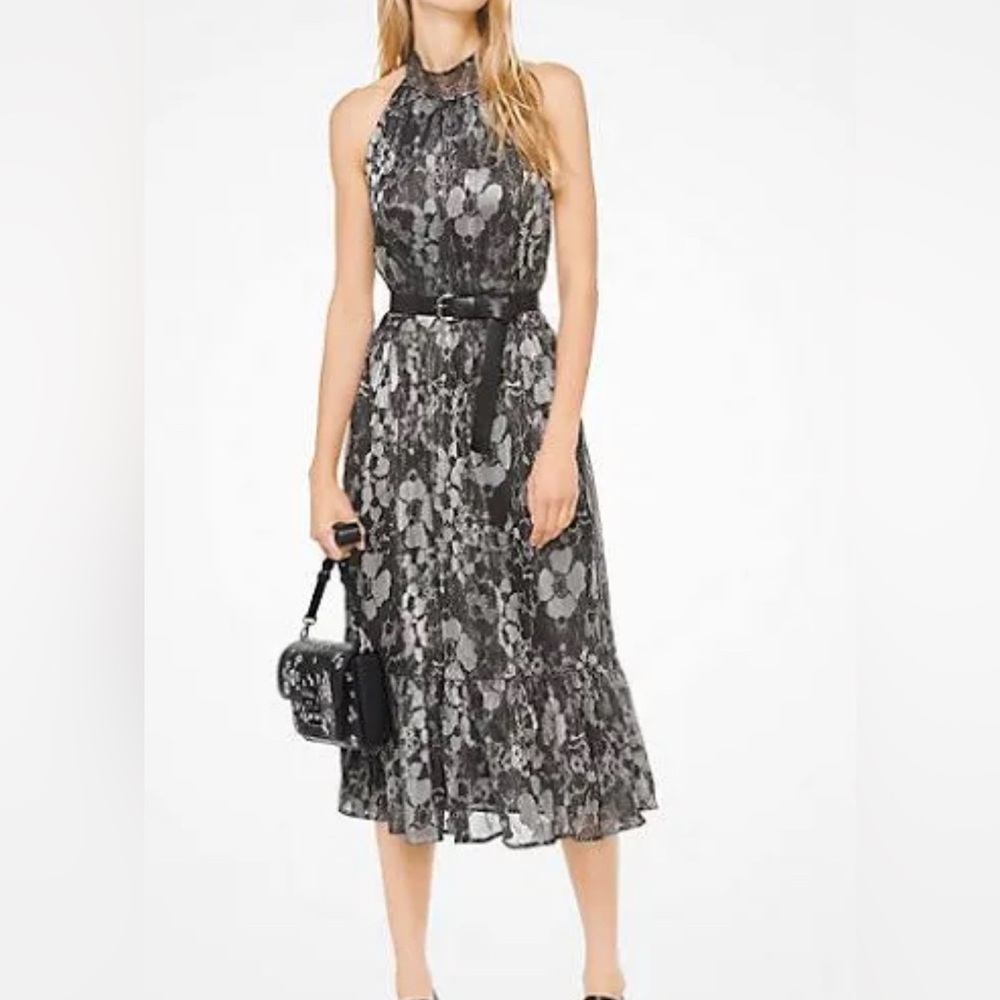 MICHAEL KORS Size M Women's Metallic Floral-print Halter Fit & Flare Dress-New